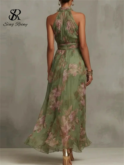 SINGREINY Elegant Green Floral Halter Chiffon Maxi Dresses Trendy Sleeveless A-line 2026 Women Floral Wedding Guest Party Dress