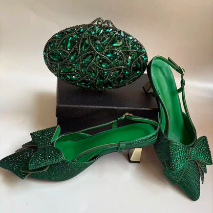 Insightlink Green Crystal High Heel with Bag Set for Bridal Wedding Party Designer Pointed Toe and Clutch Luxury Sandal Handbag