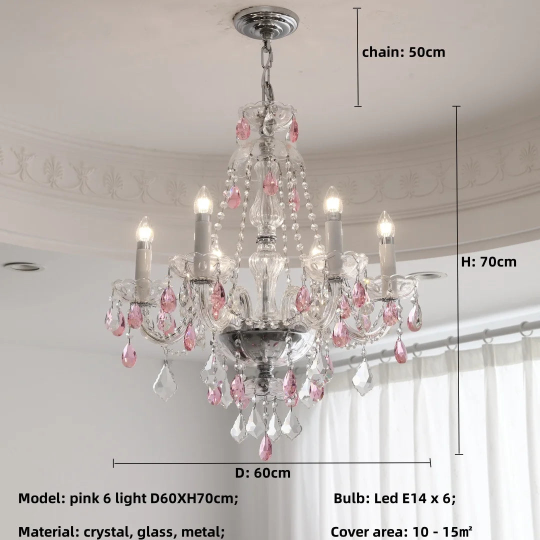 French Romantic Crysatl Candle Chandelier Luxury Glass Pink E14 Pendant Lights Living Room Art Decor Led Lamparas Bedroom Lamp