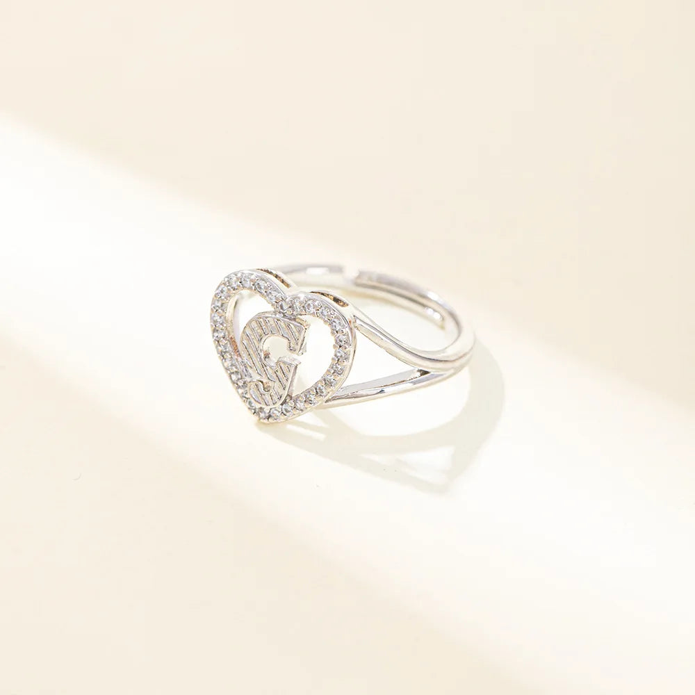White Zircon 26 Letters A-Z Love Heart Open Adjustable Rings For Women Gold Silver Color Wedding Band Jewelry Mother's Day Gifts