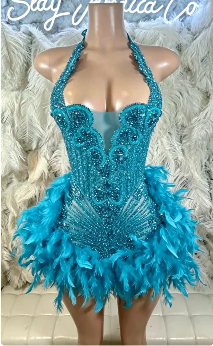 Glitter Pink Crystal Short Prom Dress For Black Girl Homecoming Senior Cocktail Dress Birthday Party Gown Feathers Customized