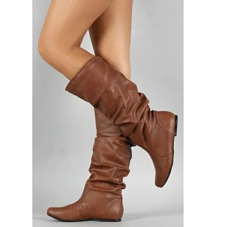 2025 New Women Flat Boots Fashion Pleated Leather Boots Autumn Winter Slip on Mid-Calf Shoes for Women Brand Designer High Boots