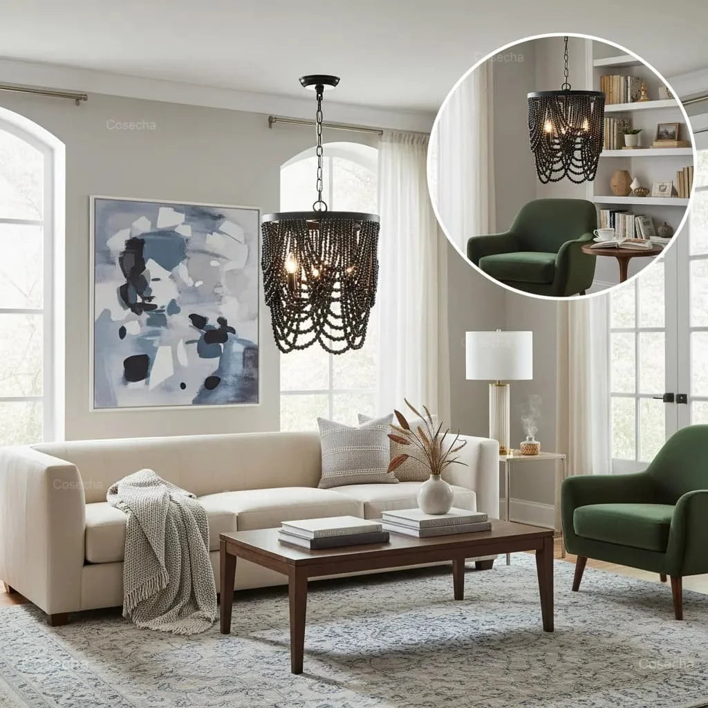 French Country white wood Bead Chandelier dining room bedroom princess Decorative chandelier 3/5 lights hanging light fixture