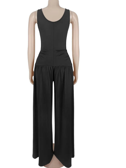 Beyprern Sexy Ruched Wide Leg Jumpsuit Women Elegant High Waist Sleeveless One Piece Outfits Summer Loose Floor Length Rompers