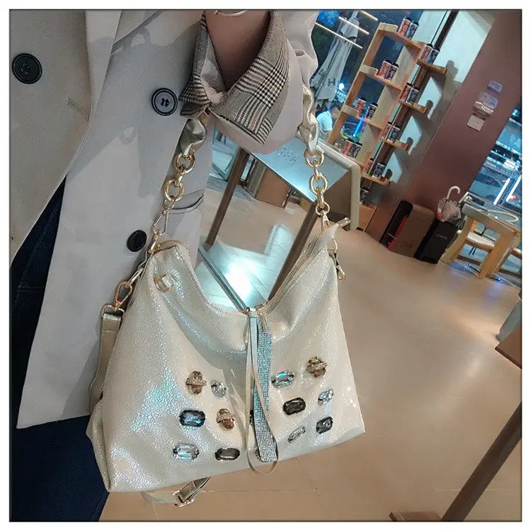 2026 New Fashion Diamonds Women Handbags Genuine Leather Tote Bag Large Capacity Work Commute Leisure Versatile Shoulder Bags