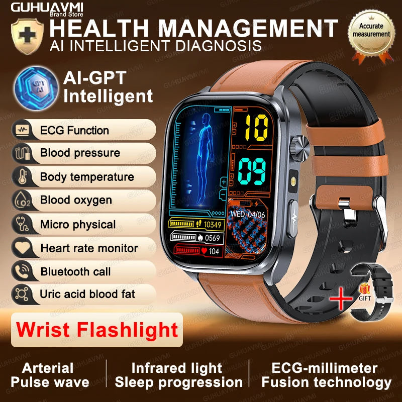 2026New ECG+PPG Clock Health Trackr 2.0 inch Uric Acid Blood lipids Pressure Smart Watch Body Analysis Voice call Smartwatch Men