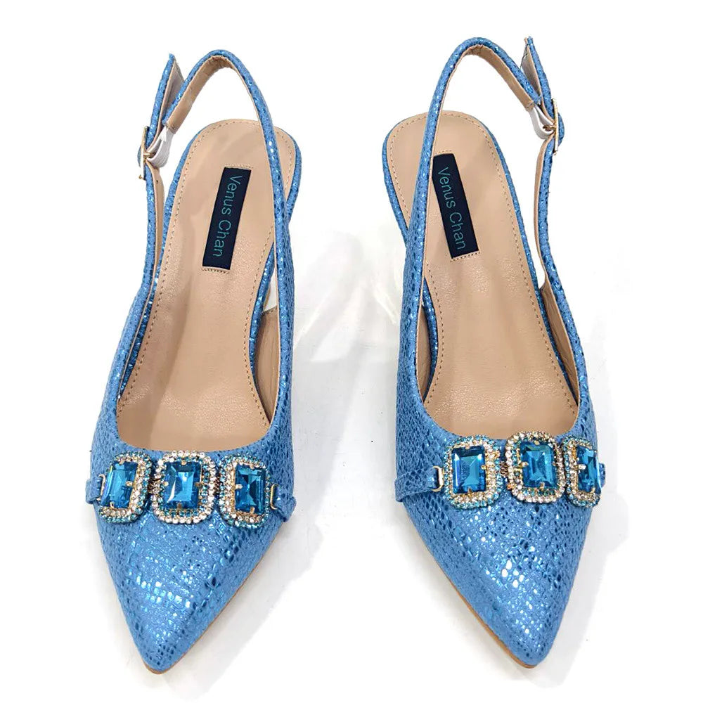 Newest Style Teal Sky Color Platform Design Peep Toe Ladies Shoes Matching Bag Set For Mature Women Heel Party Pump