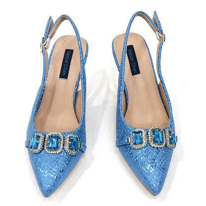 Newest Style Teal Sky Color Platform Design Peep Toe Ladies Shoes Matching Bag Set For Mature Women Heel Party Pump