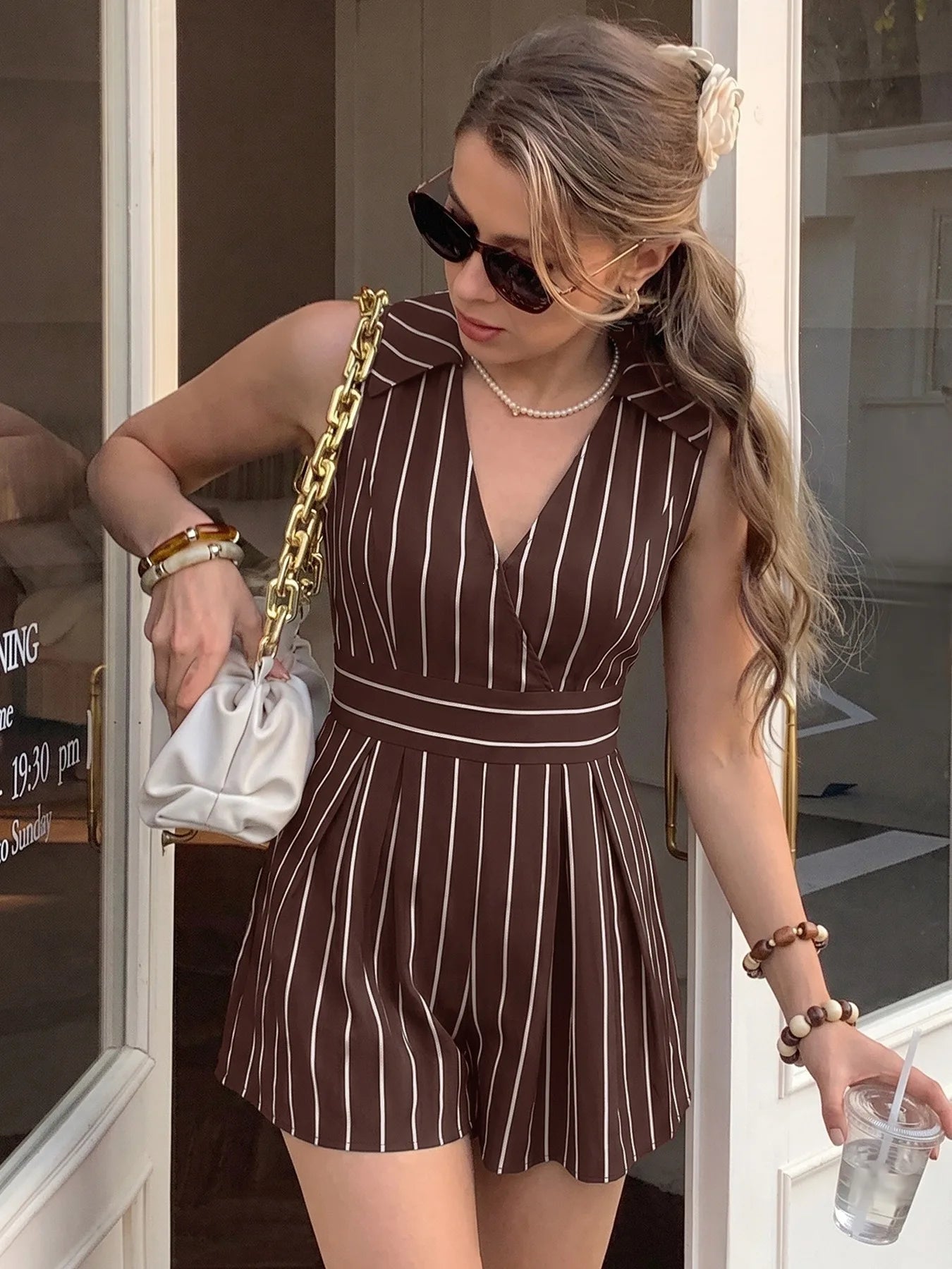 2026 Summer Women Striped Sleeveless V Neck Jumpsuits Elegant Mature Style Casual Short Jumpsuit Ladies One Piece Shorts Outfit