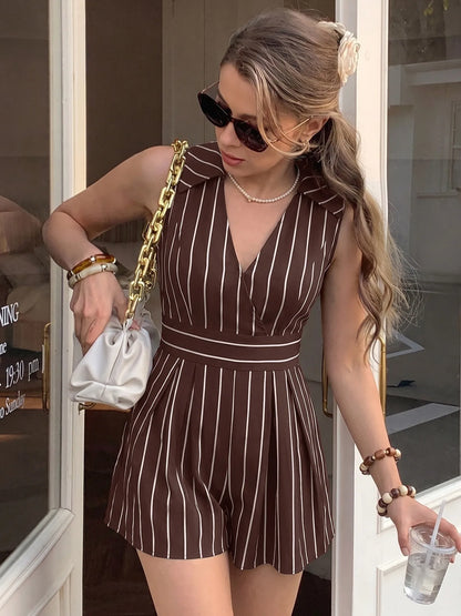 2026 Summer Women Striped Sleeveless V Neck Jumpsuits Elegant Mature Style Casual Short Jumpsuit Ladies One Piece Shorts Outfit