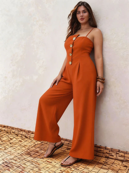 Plus Size Square Neck Spaghetti Strap Wide Leg Button Orange Jumpsuit Romper For Office & Party Women