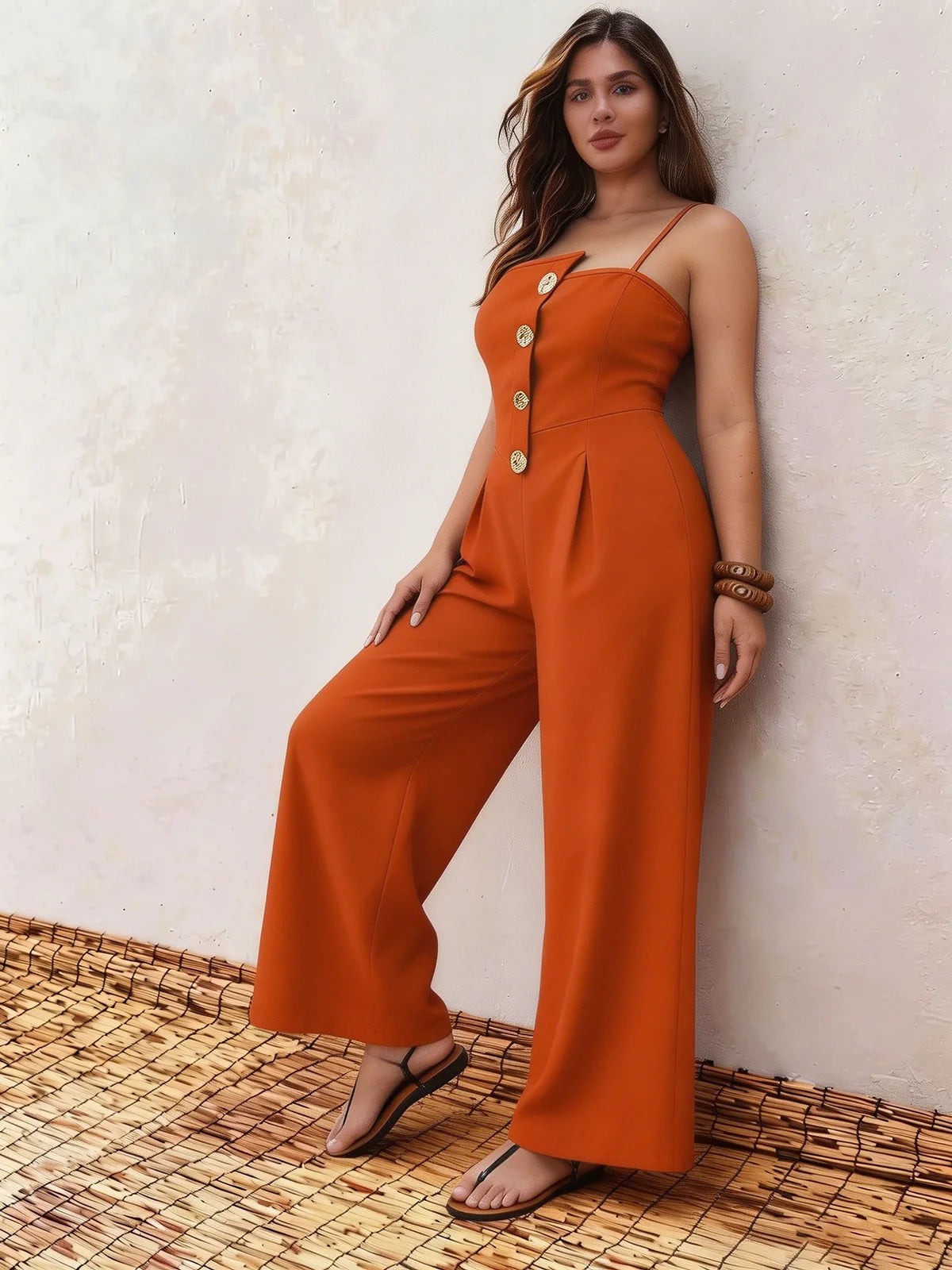 Plus Size Square Neck Spaghetti Strap Wide Leg Button Orange Jumpsuit Romper For Office & Party Women