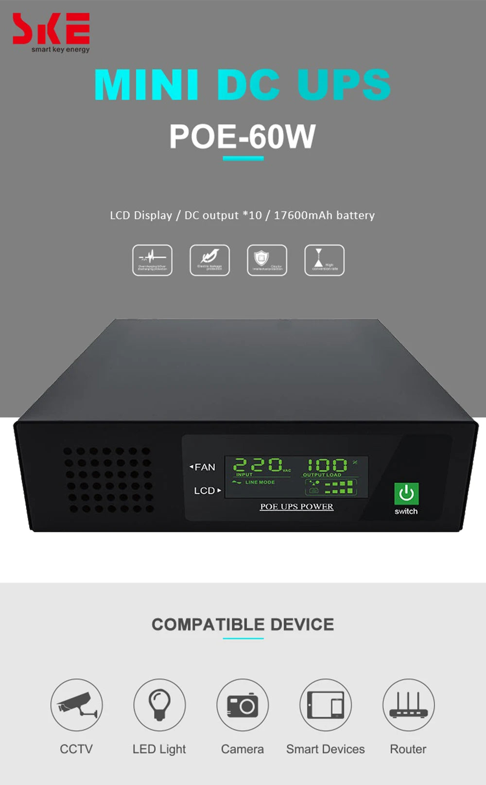 17600mAh Li-ion Battery SKE Mini DC UPS 60W POE UPS Portable Uninterrupted Power Adapter 10*Output DC POE Ports For Wifi Router