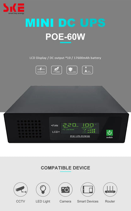 17600mAh Li-ion Battery SKE Mini DC UPS 60W POE UPS Portable Uninterrupted Power Adapter 10*Output DC POE Ports For Wifi Router