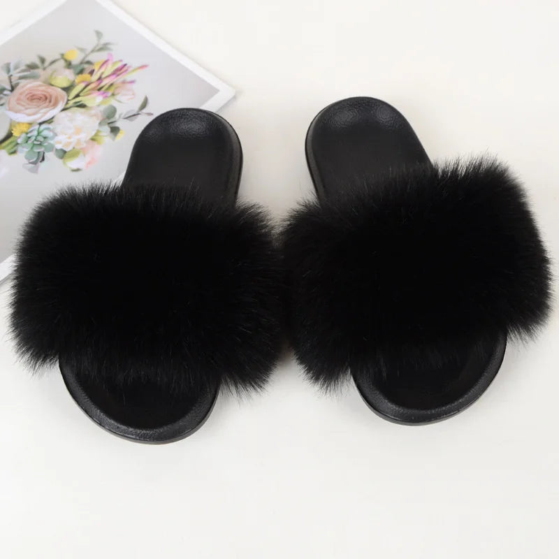 Women's Summer Faux Fur Fox Fur Slippers Fashion Luxury Indoor and Outdoor Non-Slip Solid Color Flat Bottom Furry Sandals