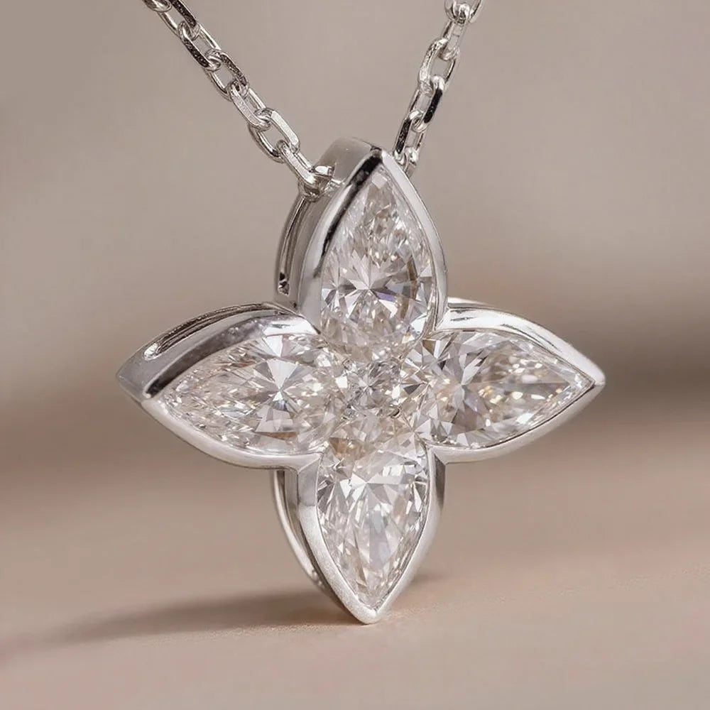 Exquisite Full Moissanite Pendant Necklaces Fashion Flower Pear/Round Cut Diamond Neck Chain S925 Silver Wedding Jewelry Gifts
