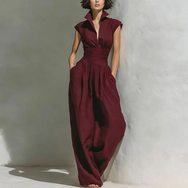 New Chic Solid Pockets Vacation Overalls Summer High Waist Low Cut Women's Romper Turn-down Collar Sleeveless Wide Leg Jumpsuits
