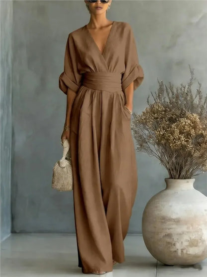 Summer Sexy Deep V-neck Short Sleeve Jumpsuits Elegant Women Solid High Waist Rompers Casual Sleeveless Wide Leg Pants Jumpsuit