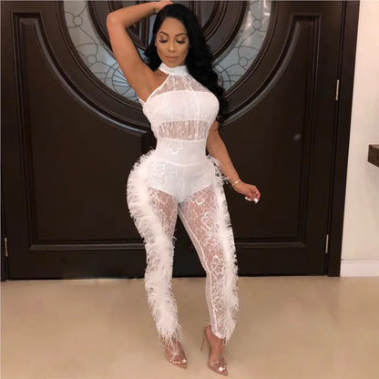 Sexy Lace Skinny Jumpsuit Women Fashion Sleeveless Hollow White Black Slim Jumpsuits 2025 Club Party Jumpsuit Female