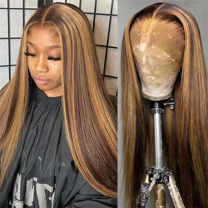 4/27Highlight Straight Lace Front Wig Human Hair 13x6 Lace Frontal Wigs Brazilian Honey Blonde Colored Wigs Remy 100% Human Hair