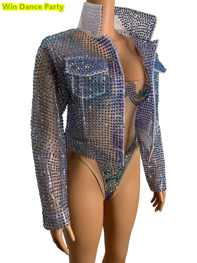 Mesh Fluorescent Full Diamond Slim Fit Hip Wrapped Jumpsuit Jacket Singer Model Nightclub Bar Performance Costume