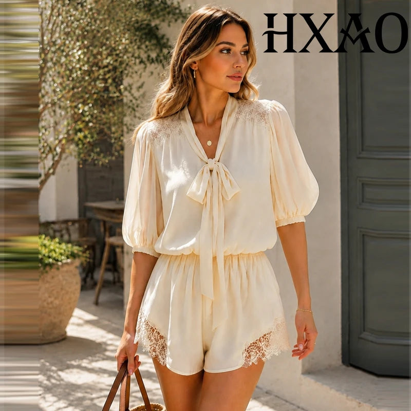 HXAO Ties Bow Lace Bodysuit Cream Short Jumpsuit Women Vacation Summer Playsuit Short Sleeve Mini Rompers Casual Combishort