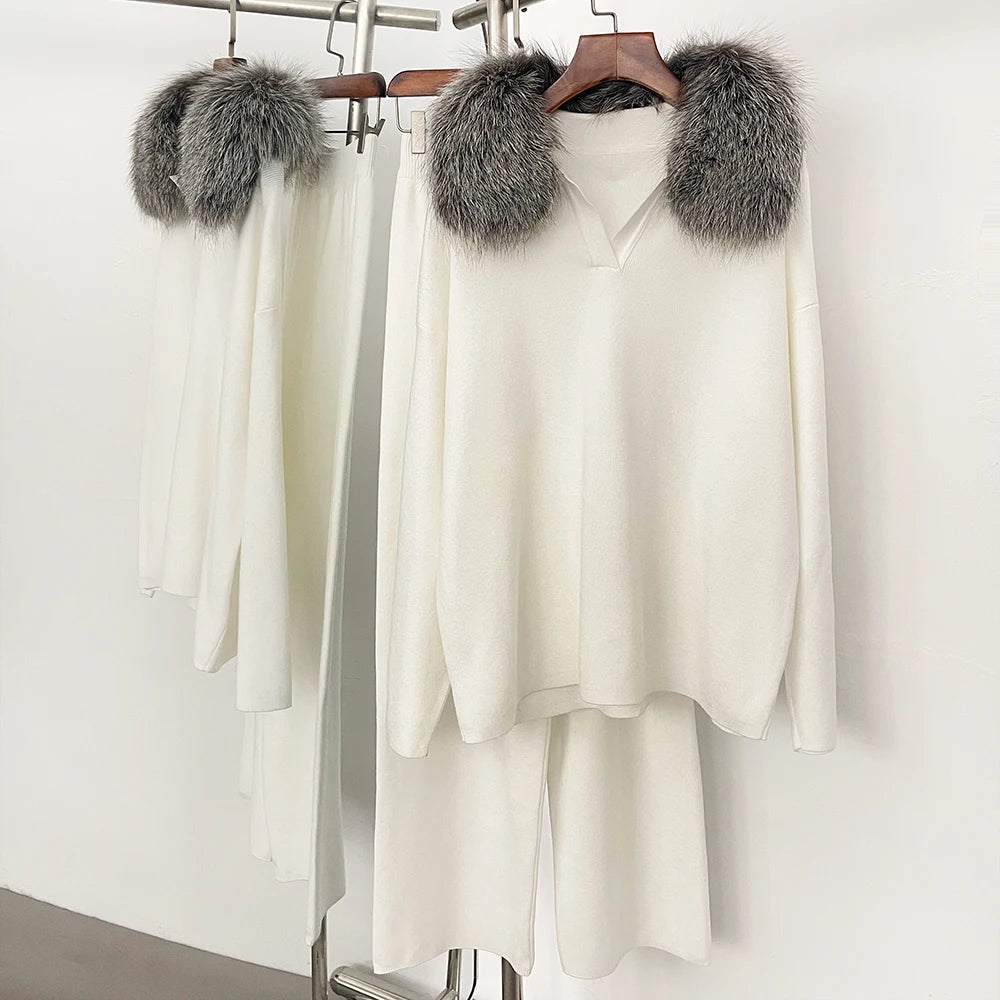 Reality Fur Jacket Pullover Set Woman Spring Knitted Suit Knitwear Female Real Fox Fur Collar Sweater Lady Autumn Knitted New