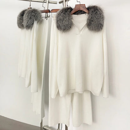 Reality Fur Jacket Pullover Set Woman Spring Knitted Suit Knitwear Female Real Fox Fur Collar Sweater Lady Autumn Knitted New
