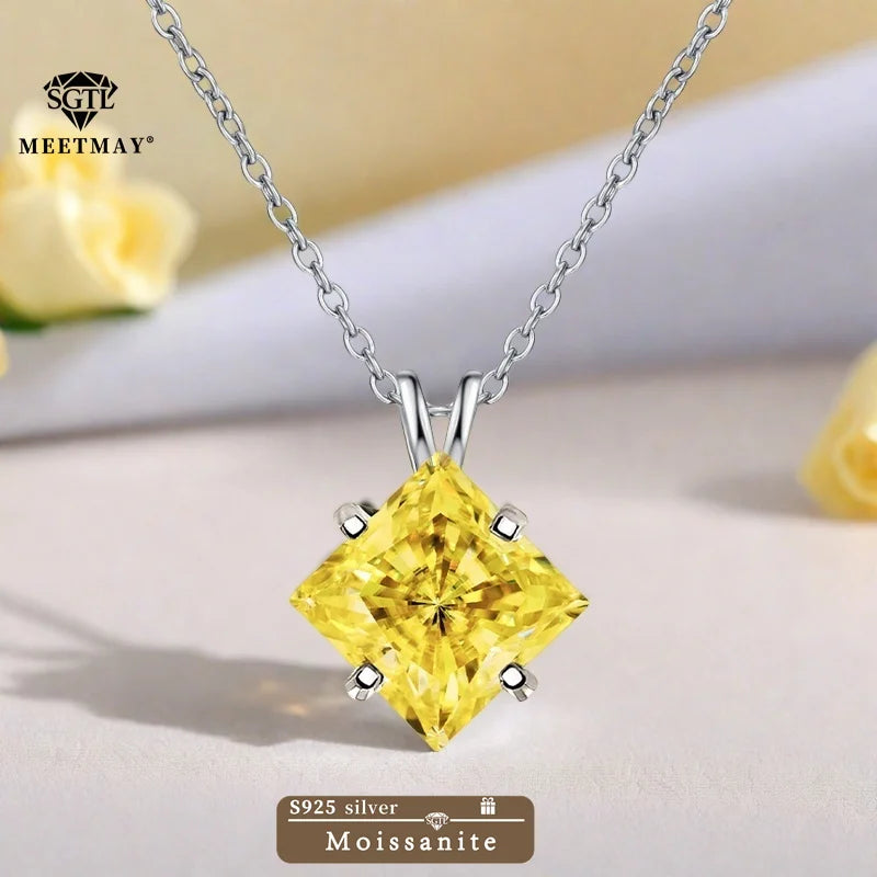 BOCARMAN S925 Sterling Silver Necklace with Colorful Princess Cut Moissanite Inlay Clavicle Chain Pendant for Women Gift