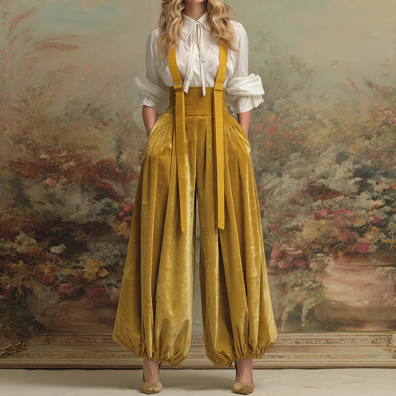 New Elegant Yellow Color Jumpsuits for Women Loose Wide Leg Pants Autumn Playsuits Holiday Patchwork Fashion Overalls Streetwear