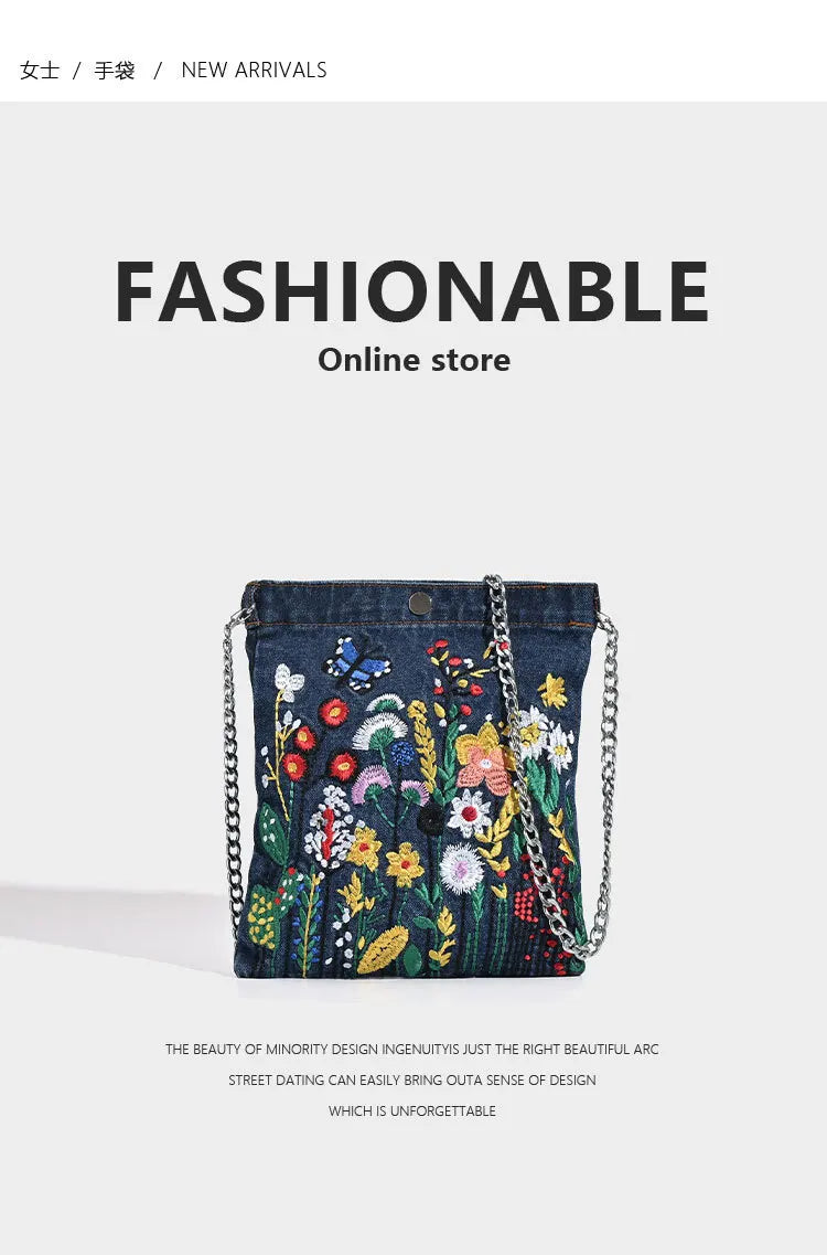 Embroidered Flowers Women Cowboy Shoulder Bag Fashion Chain Ladies Messenger Bags Denim Handbag Personality Trend Student Bag