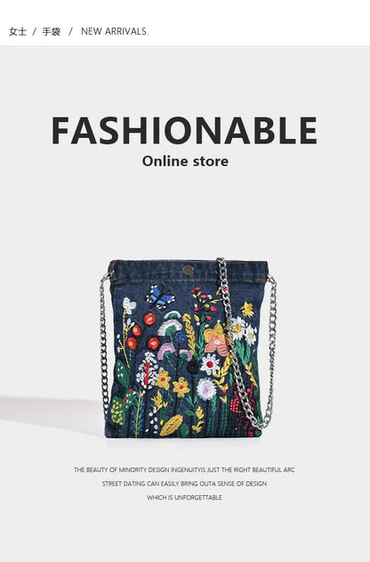 Embroidered Flowers Women Cowboy Shoulder Bag Fashion Chain Ladies Messenger Bags Denim Handbag Personality Trend Student Bag