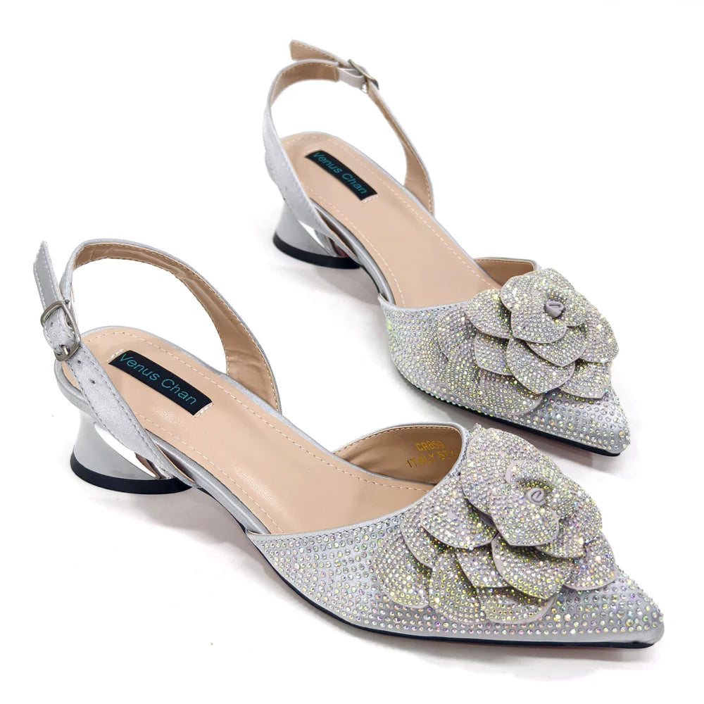 Italian Design Evening Shoes And Bags Paired With Handmade Petal Gold Colour Pointed Toe Mid-Heel Shoes For Women Party Shoes