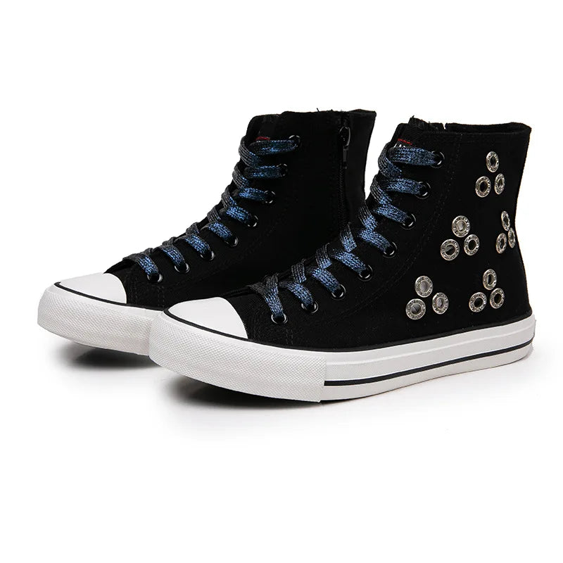 Breathable Hollow Canvas Short Boots Summer Women Black Casual Shoes Punk Rivet Flat Bottomed Shoes 2CM Woman High top Sneakers