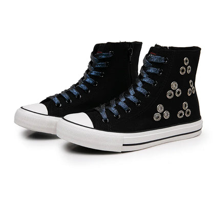 Breathable Hollow Canvas Short Boots Summer Women Black Casual Shoes Punk Rivet Flat Bottomed Shoes 2CM Woman High top Sneakers