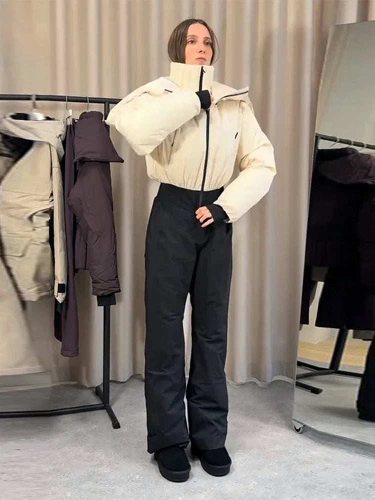Detachable Hooded Ski Suit Jumpsuit Woman Zipper Color Blocked Long Sleeve Slim Warm Jumpsuits Sports Casual Women's Ski Suits