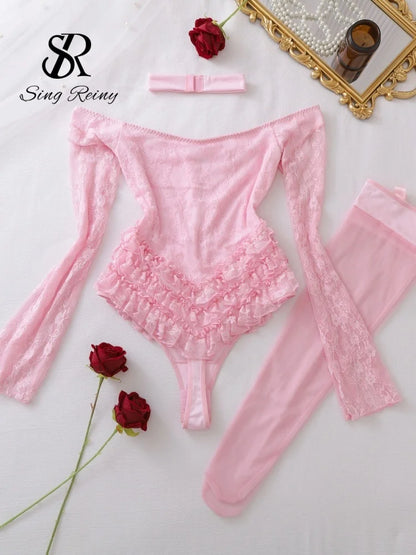 SINGREINY Off Shoulder Hotsweet Sexy Bodysuits Women Long Sleeves Ruffles Sweet Rompers Hollow Out Floral Lace Pink Playsuits