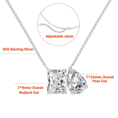 5cttw Radiant/Emerald Pear Cut Moissanite Diamond Pendant Necklace for Women  Certified 925 Silver 2-Stone Clavicle Neckchain