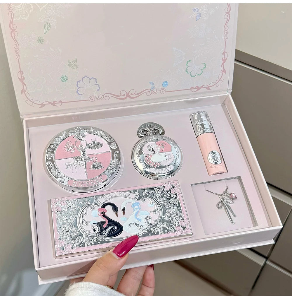 NICEKEY Face Makeup Sets Include 1*Lip mud,1*Pressed Powder,1*Highlight Powder,1*Eyeshadow Palette Powder With Necklace Gift