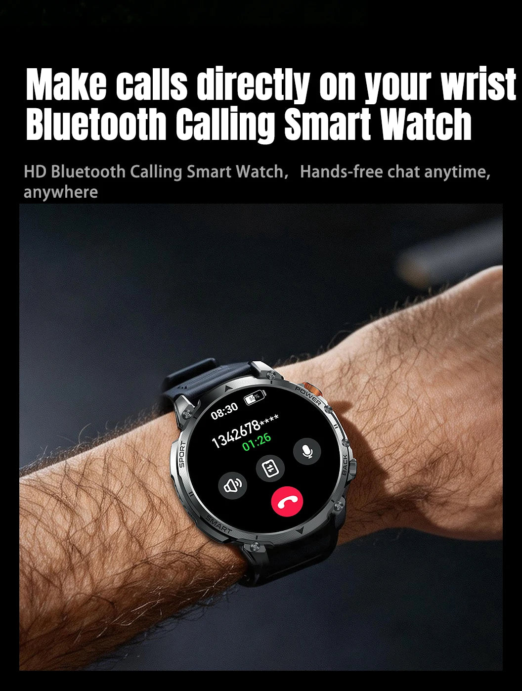 New Military Men's Outdoor Sport Smart Watch 1400mAh Battery BT Call Flashlight IP68 Waterproof 1.7' HD Large Screen Men Watch