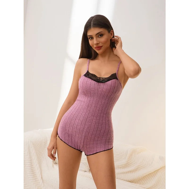 Women Ribbed Knit Bodysuit Lace Trim V Neck Sleeveless Backless High Cut One Piece Loungewear Sleepwear Home Bedroom Night Wear