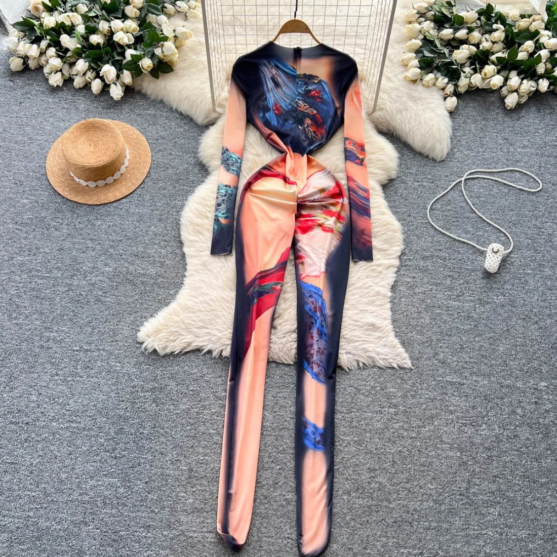 Foamlina 2025 Autumn New Fashion Print Bodysuit European Women's Sexy Hot Girl Slim Fit Flattering Long Sleeve Tight Jumpsuit
