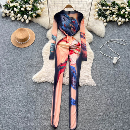 Foamlina 2025 Autumn New Fashion Print Bodysuit European Women's Sexy Hot Girl Slim Fit Flattering Long Sleeve Tight Jumpsuit