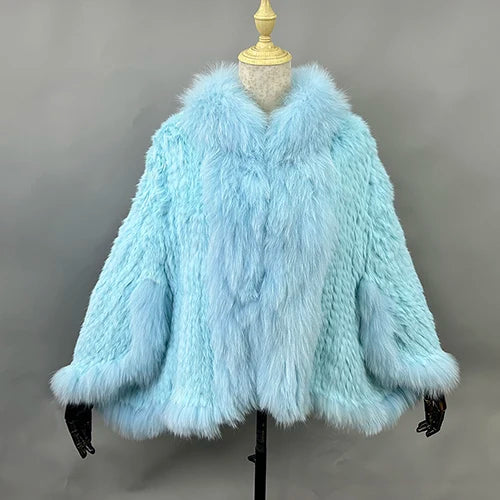 New Real Genuine Natural Knitted Rabbit Fur Shawl Coat With Fox Fur Collar Women's Fashion Knit Jacket Cape