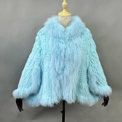 New Real Genuine Natural Knitted Rabbit Fur Shawl Coat With Fox Fur Collar Women's Fashion Knit Jacket Cape