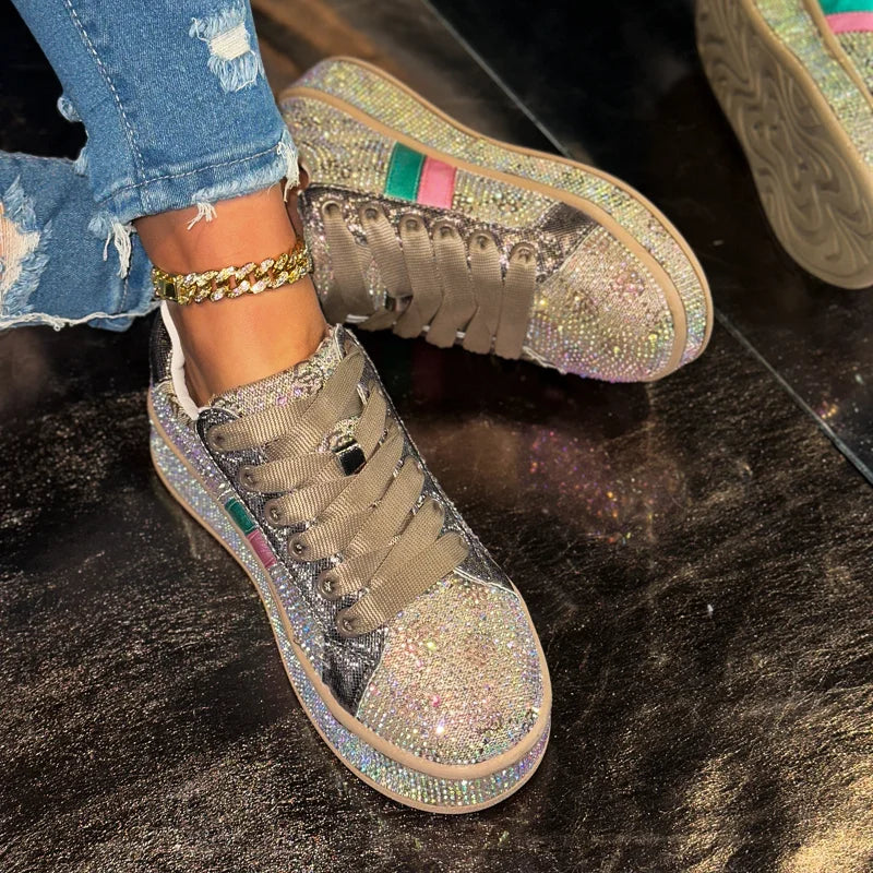 Women's Designer Shoes Women's Luxury Platform Sneakers Crystal Water Diamond Fashion Lace Up Casual Shoes Zapatillas De Deporte