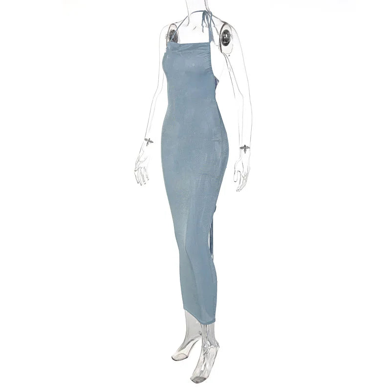 Sexy Long Shoulder Strap Open Back Backless Bodycon Maxi Dress Women Sleeveless Halter Skinny Long Dress Club Party Vestidos