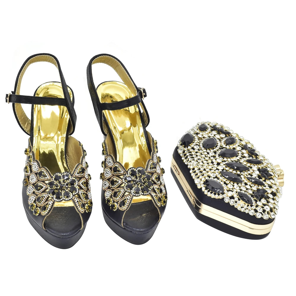 Fashion Italian Shoe and Bag Set for Party In Women Afrcan Party Shoes with Bag Set with Rhinetsone Luxury Shoes Women Designers