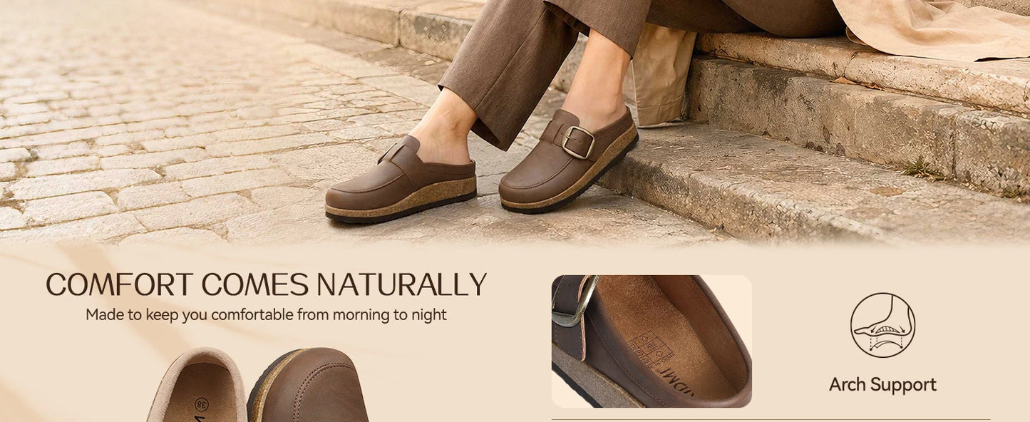 Evshine Women Loafer Style Clog Slippers Vegan Leather Adjustable Big Buckle Cork Footbed Casual Ladies House Home Slippers