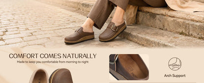 Evshine Women Loafer Style Clog Slippers Vegan Leather Adjustable Big Buckle Cork Footbed Casual Ladies House Home Slippers
